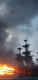 Pirate ship firing cannon under stormy sky, ocean battle scene.