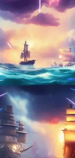 Epic pirate ship battle with vibrant ocean hues on mobile wallpaper.