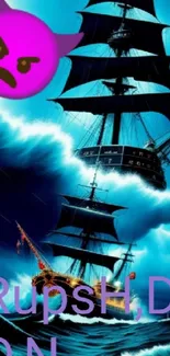 Pirate ship sailing in stormy ocean with emoji, vibrant blue theme.