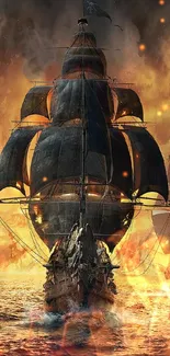 Epic pirate ship sails through fiery ocean battle at sunset.