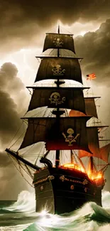 Pirate ship sailing through stormy seas with dramatic skies.