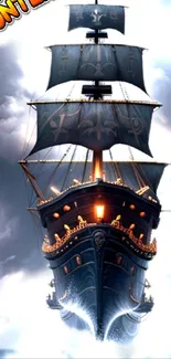 Majestic pirate ship sailing through stormy skies.