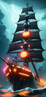 Epic pirate ship in a stormy sea with lightning, digital art wallpaper.