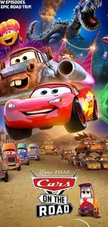 Colorful Pixar Cars adventure mobile wallpaper with vibrant characters.