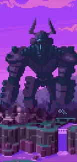 Pixel art wallpaper of a giant robot in a purple-hued landscape.