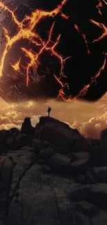 Dramatic wallpaper of cracked fiery planet above rocky silhouette.