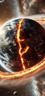 Epic planetary ring with glowing lava on a cosmic wallpaper.