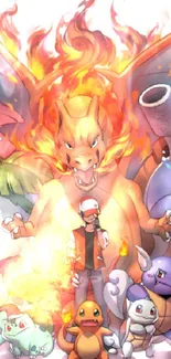 Epic Pokémon wallpaper featuring Charizard, Blastoise, and Venusaur with trainer.