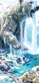 A giant polar bear as a waterfall in an Arctic fantasy landscape.