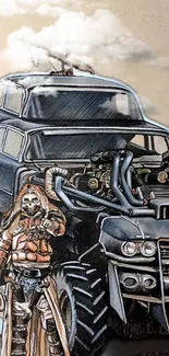 Post-apocalyptic warrior with vehicle in dynamic artwork.