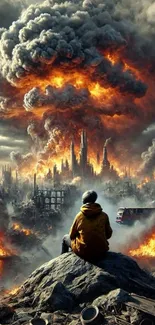 Lone figure overlooking a fiery apocalyptic cityscape.