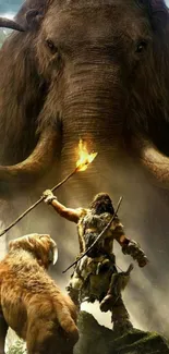 Warrior and wolf face a giant mammoth in an epic prehistoric setting.