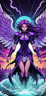 Illustration of a purple-winged angel over a vibrant cityscape, perfect for mobile.