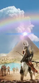 Warrior and pyramid scene with rainbow and sky in mobile wallpaper.