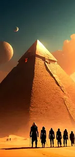 Epic pyramid in a desert with planets in the sky.