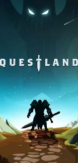 Silhouetted warrior stands in Questland with dark, mysterious background.