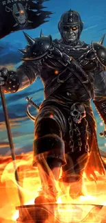 Intense Raiders warrior holding flag against fiery sunset.