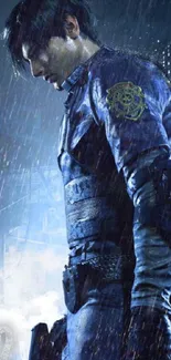 Epic rainy cityscape with mysterious character in dark blue tones.