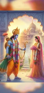 Rama and Sita standing gracefully with a temple in the background.