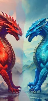 Red and blue dragons in an epic fantasy standoff mobile wallpaper.