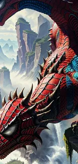 Epic red dragon perched over mountains, stunning fantasy art.