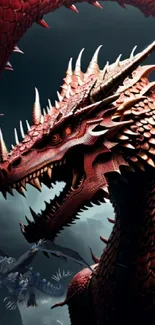 Epic red dragon with detailed scales and dynamic pose in a fantasy setting wallpaper.