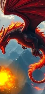 Flying red dragon breathing fire over mountains.