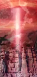 Epic red energy beam above ancient ruins, vibrant fantasy scene.