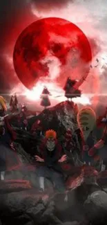 Epic anime scene with red moon and characters.