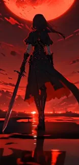 Anime warrior under red moon with sword.