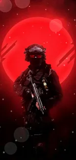 Soldier silhouette in front of a glowing red moon on a dark mobile wallpaper.