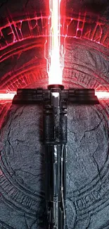 Red lightsaber glowing on a dark textured background.