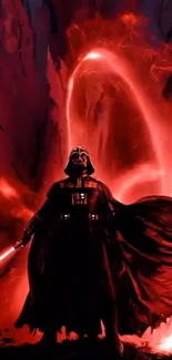 Sci-fi warrior in red glowing energy background.