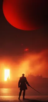 Silhouette of warrior under a large red sun in a mystical landscape.