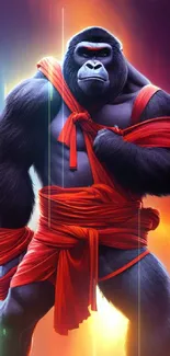 Epic gorilla art with vibrant red cloth on a colorful digital background.