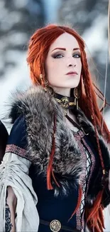 Epic redhead archer in snowy mountains with bow and arrows.