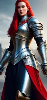 Epic redhead warrior in armor with dual swords against a castle backdrop.