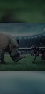 Epic rhinoceros confrontation in a stadium setting.