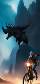 A biker in armor racing a dragon in a mystical landscape.