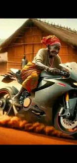 Unique tribal elder on a speeding motorcycle in a vibrant village setting.