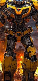 Yellow robot stands amidst fiery explosions.