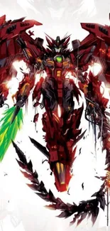 Epic robot with red armor and glowing sword in dynamic battle pose.