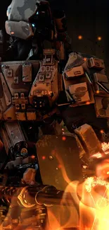 Epic robot battle with fiery explosions showcasing a powerful mecha.