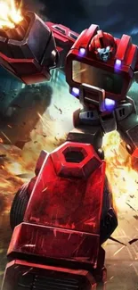 Red robot in explosive battle scene wallpaper.