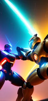 Two futuristic robots in an intense battle scene with vibrant neon colors.