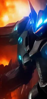 Epic futuristic robot in fiery sci-fi battle.