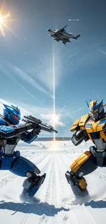 Futuristic robots battling in a snowy landscape with a vibrant sky.