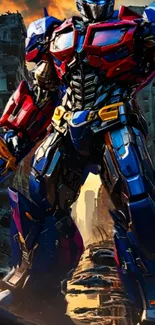 Giant robot in a post-apocalyptic cityscape with vibrant colors.