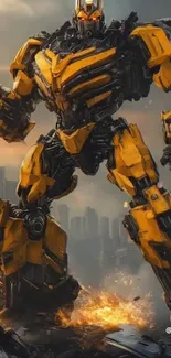 Giant yellow robot towering over a cityscape.