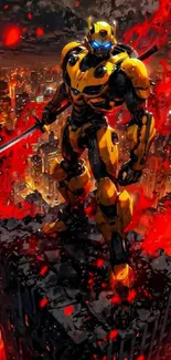 Epic robot standing over a fiery cityscape at night.